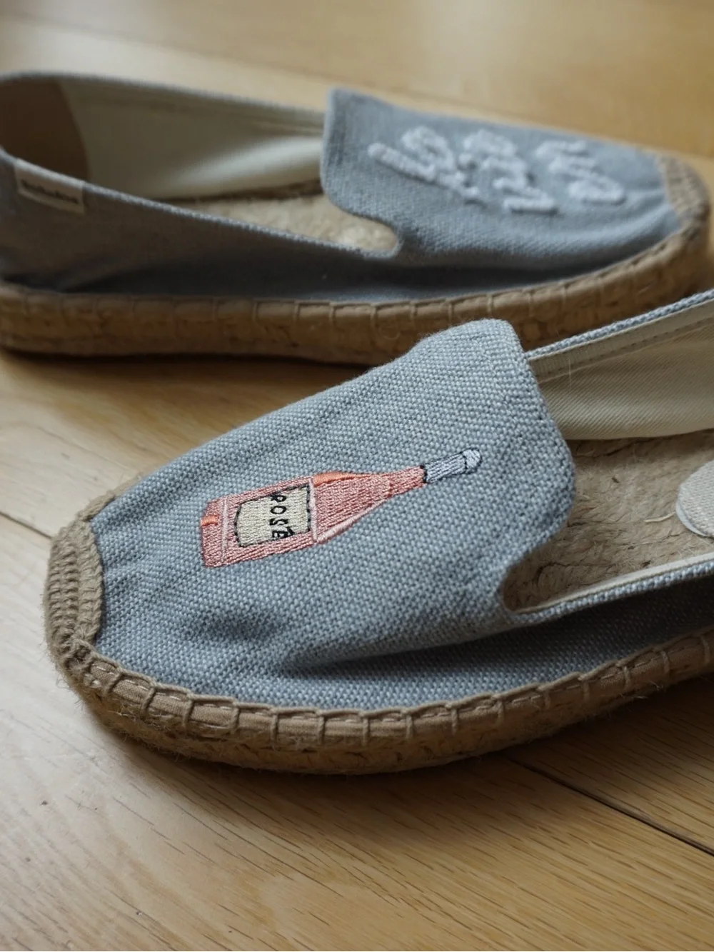 Soludos Gray Canvas Espadrilles with Pink Bottle Embroidery